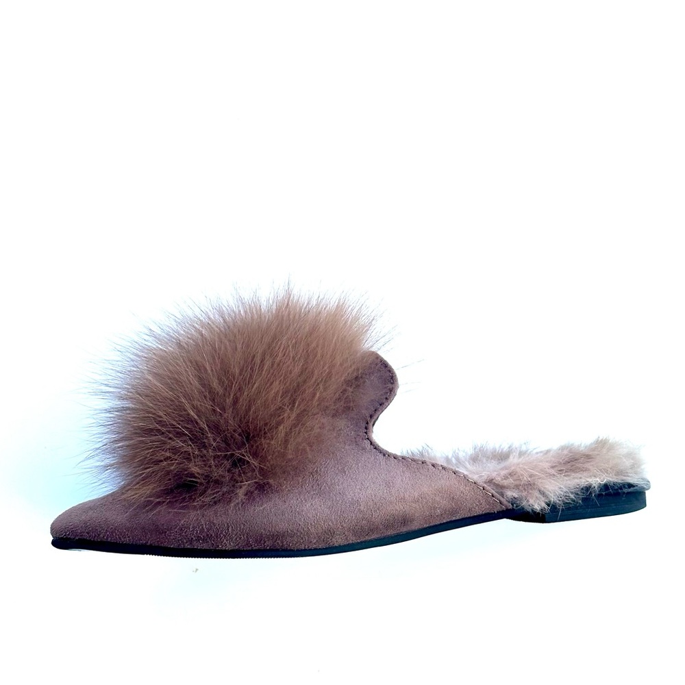 Genuine Fox Fur Pompom Rabbit Fur lined Taupe Brown Women Slip-On Slides 38 7.5